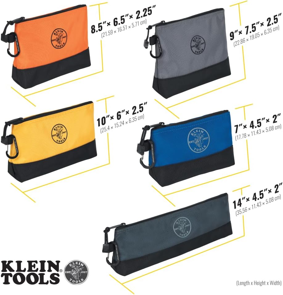 Klein Tools 55569 Stand-Up Zipper Bag Tool Pouch with Carabiners, Reinforced Gusseted Bottoms, Water Resistant 1680d, Multi-Size 5-Pack - Image 4