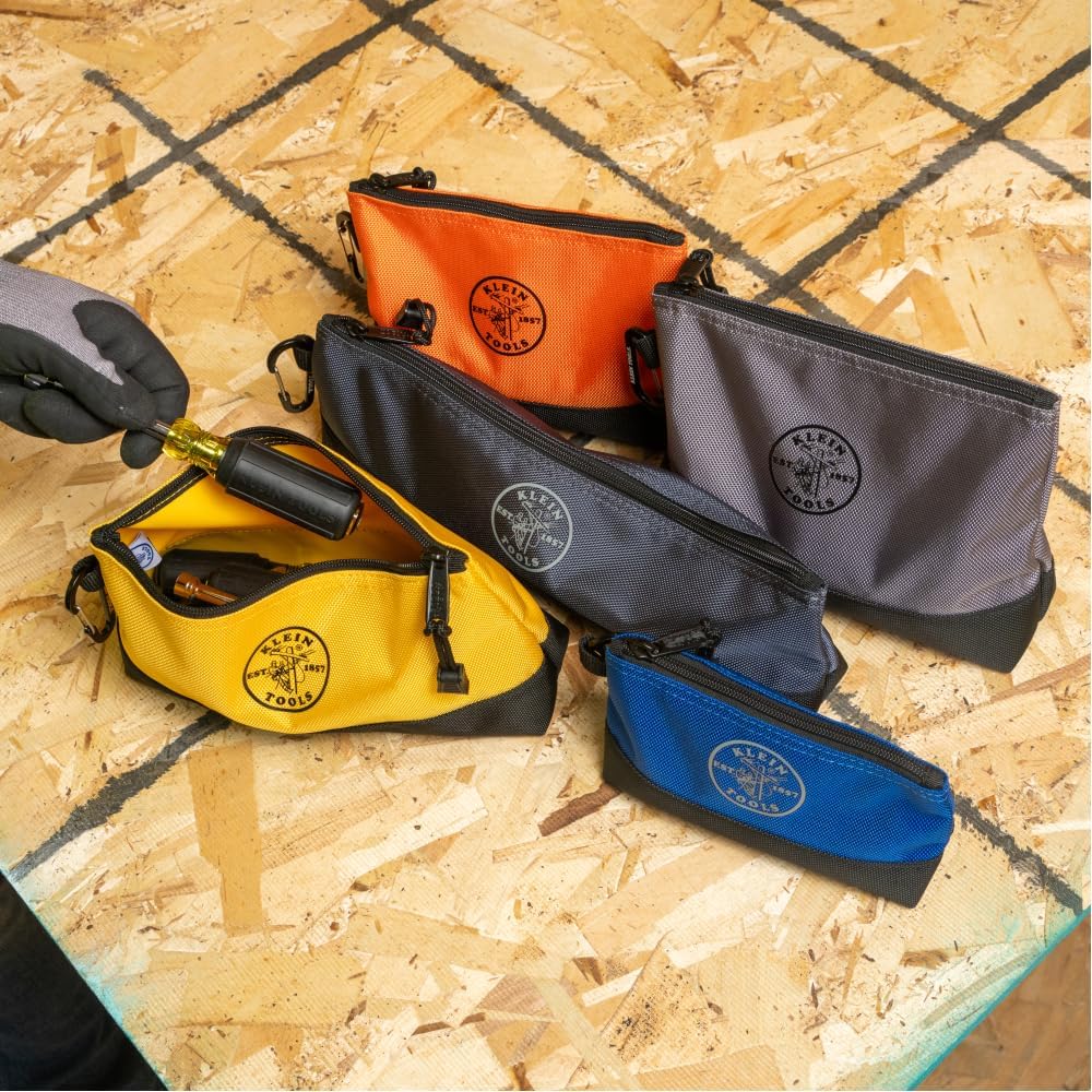 Klein Tools 55569 Stand-Up Zipper Bag Tool Pouch with Carabiners, Reinforced Gusseted Bottoms, Water Resistant 1680d, Multi-Size 5-Pack - Image 8