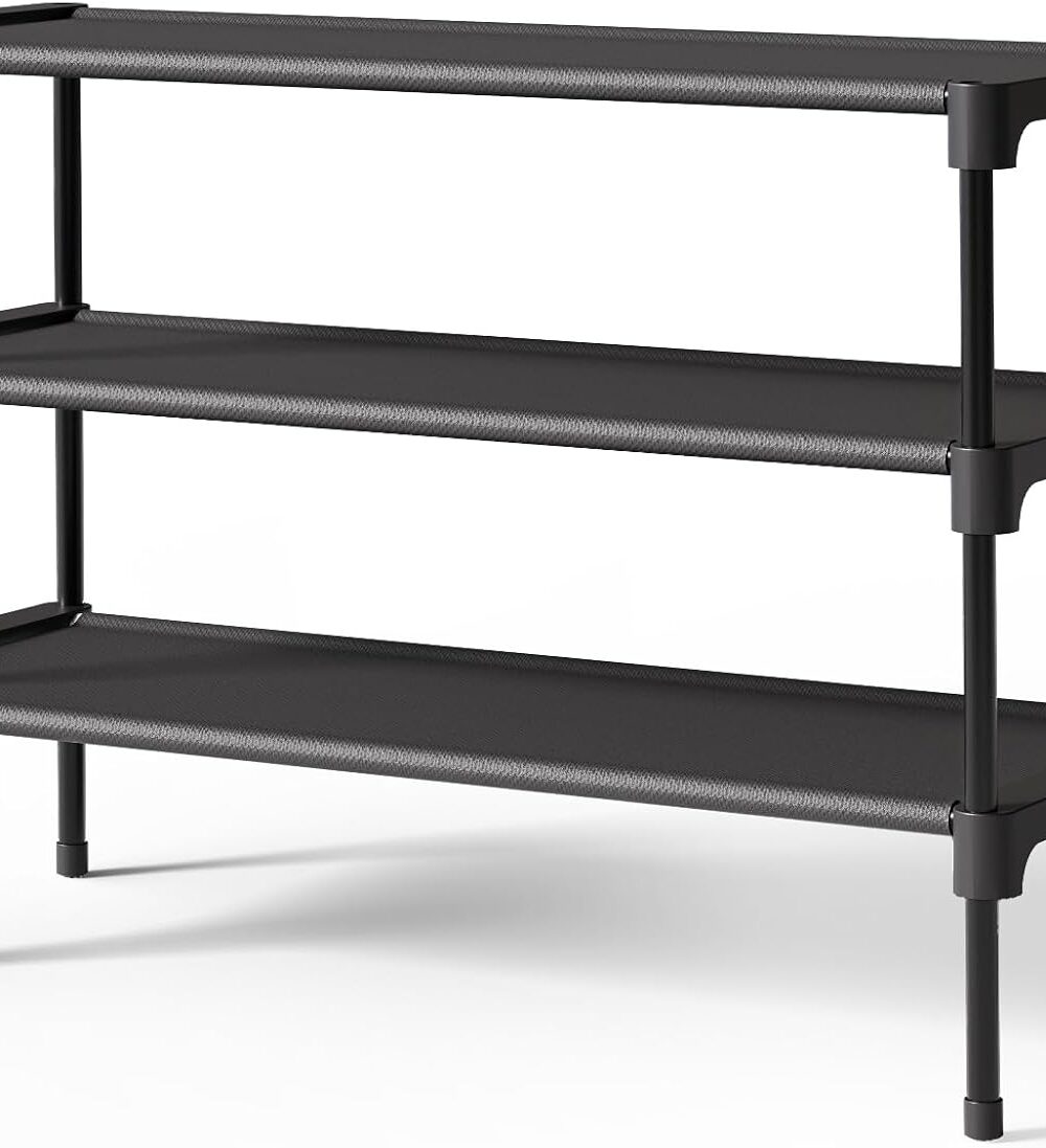 Kitsure Shoe Rack - Non-Woven Shoe Rack Shelf, 27.5" Wide - 3 Tier, Black | Shoe Organizer for Closet, Entryway, Garage, Stackable Shoe Shelves, college dorm&apartment essentials