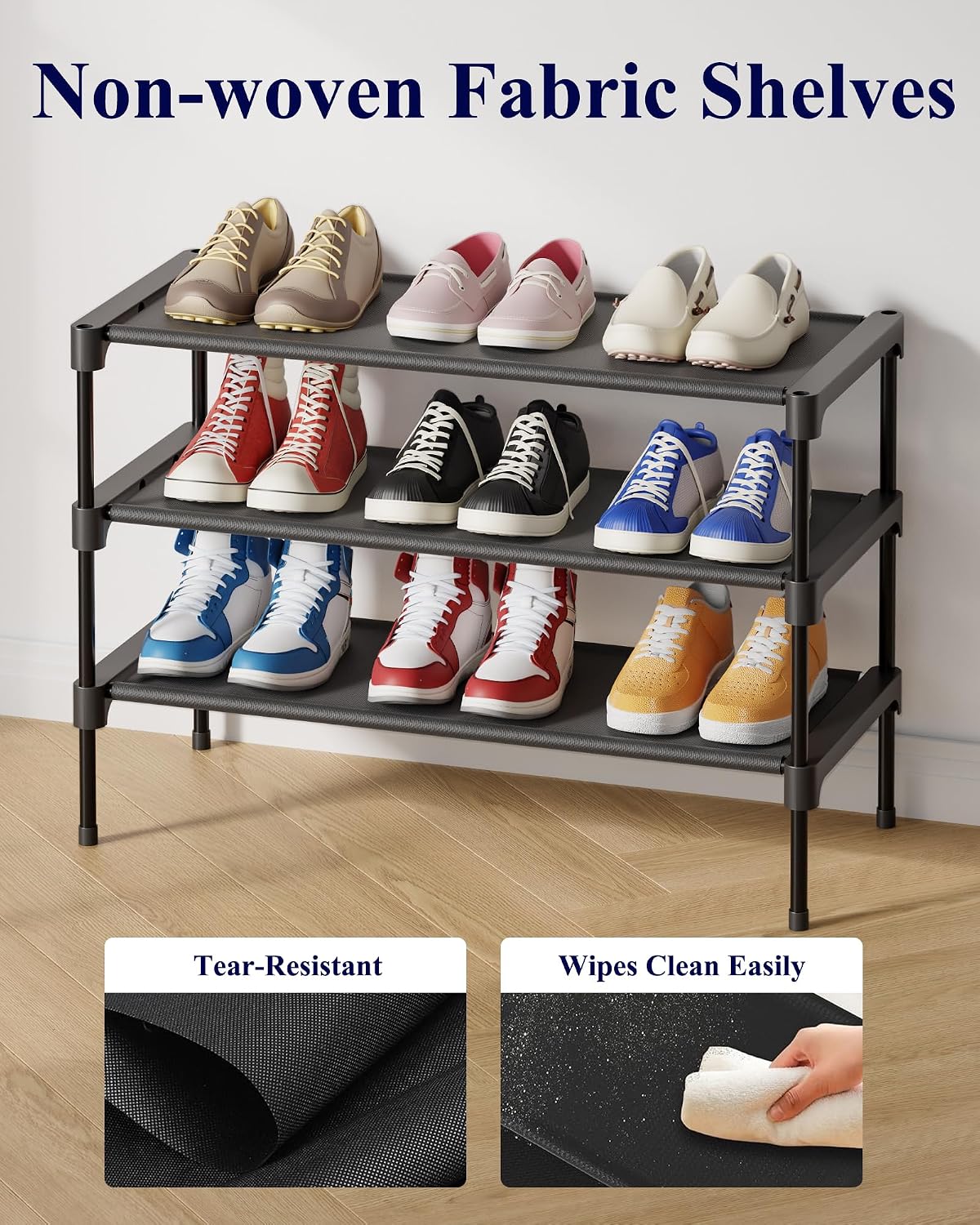 Kitsure Shoe Rack - Non-Woven Shoe Rack Shelf, 27.5" Wide - 3 Tier, Black | Shoe Organizer for Closet, Entryway, Garage, Stackable Shoe Shelves, college dorm&apartment essentials - Image 5