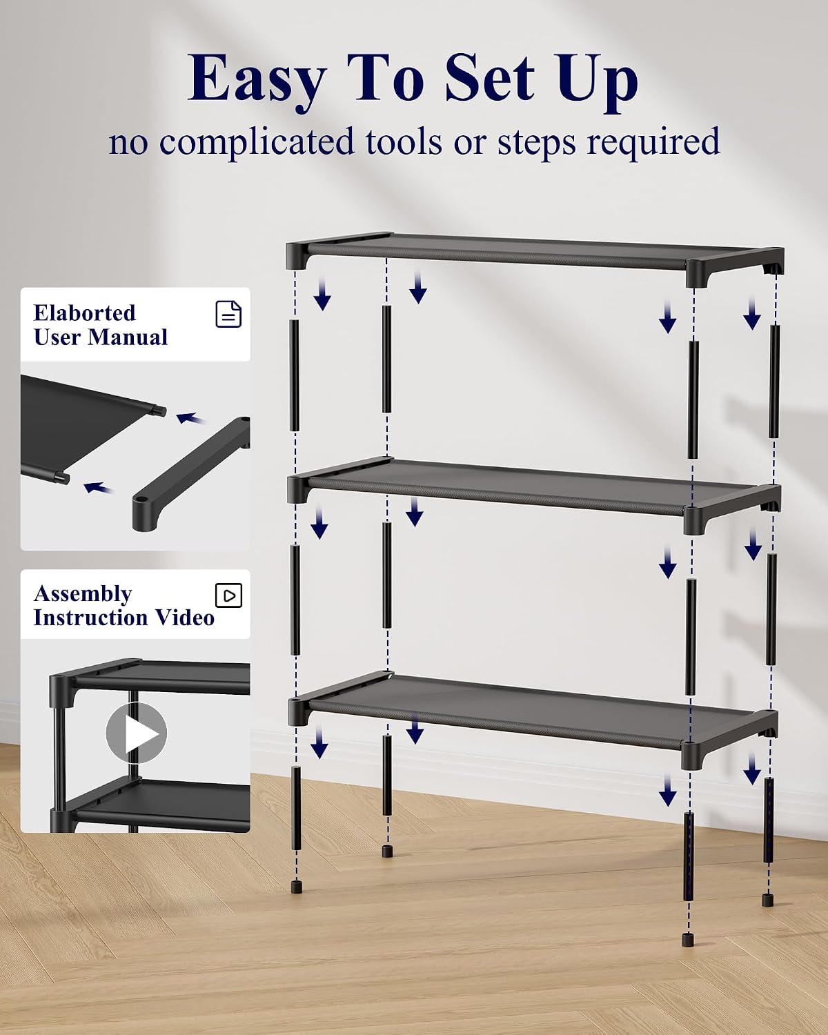 Kitsure Shoe Rack - Non-Woven Shoe Rack Shelf, 27.5" Wide - 3 Tier, Black | Shoe Organizer for Closet, Entryway, Garage, Stackable Shoe Shelves, college dorm&apartment essentials - Image 8